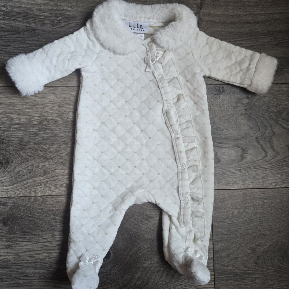 Nicole Miller Baby Girls Footed Sleep Coverall 0-3M Ivory Gold Faux Fur Metallic